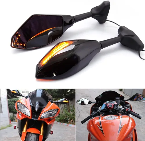 Vista 9 de Espejos Retrovisores con Indicadores LED de Señal de Giro para Motocicleta, para Motos de Carreras y Motos Deportivas (Carbono+Lente Ahumado)
