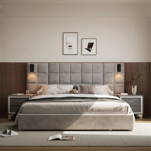 Vista 8 de base de cama de plataforma tamaño queen con 1 mesita de noche de conjunto 1+1, elegante cama tapizada de terciopelo con cabecero acolchado