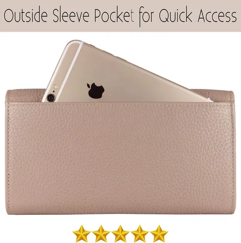 Vista 19 de Mou Meraki - Billetera o bolsa de mano de cuero genuino, con bloqueo de seguridad RFID, con escudo contra el robo de identidad, para mujeres