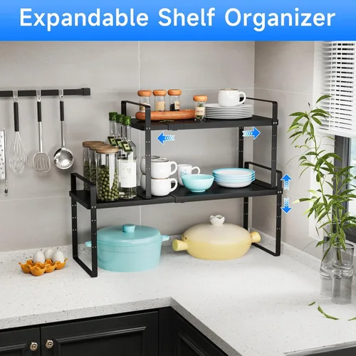 Vista 3 de Organizador de estante expandible para gabinete, almacenamiento apilable para mostrador de despensa de cocina, soporte ajustable para armario, Negro