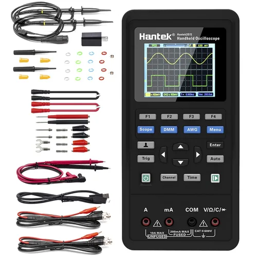Vista 9 de Hantek Osciloscopio 2D72, 2+1 CH 70MHz con generador de formas de onda y multímetro, probador multifunción 3 en 1, 2CH+AFG+DMM