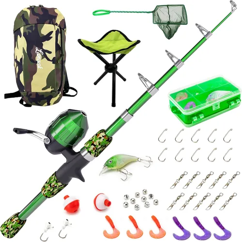 Vista 11 de Lanaak Caña de Pescar para Niños, Juego de Caña de Pescar Telescópica Portátil para Niños, Kit Combo de Caja de Aparejos y Red de Pesca, Equipo