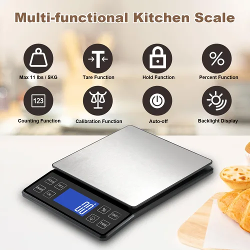 Vista 2 de SEMIER Báscula digital de cocina con alta precisión de 0.1 g/0.001 oz, báscula de panadería de alimentos de 5 kg/11 lb con % de función