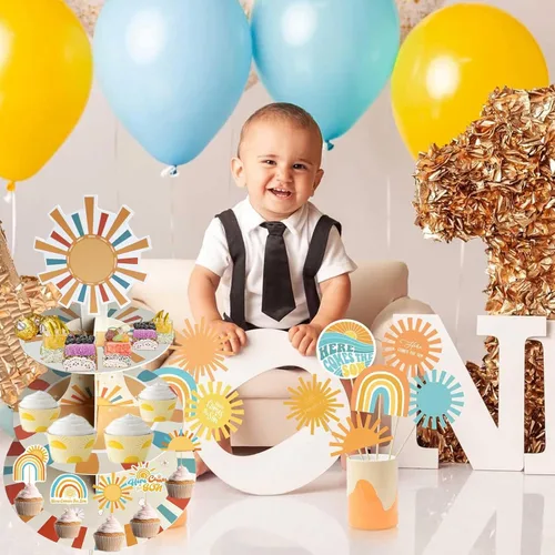Vista 3 de Zliisang Here Comes The Son - Soporte para cupcakes para 24 cupcakes retro Sunshine Daisy Cupcake Stand Boho Sun Cupcake Soporte para postre