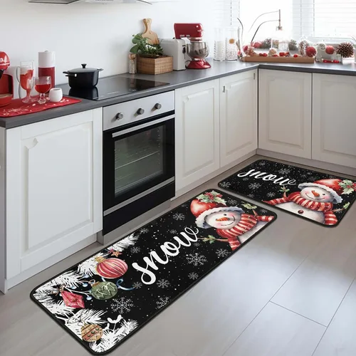 Vista 7 de Juego de 2 alfombras y tapetes de cocina navideños de muñeco de nieve negro y copo de nieve, decoración del hogar de invierno, tapete de piso