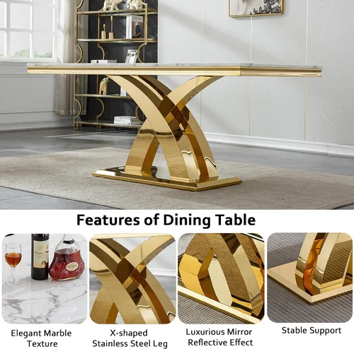 Vista 5 de Juego de mesa de comedor moderna de mármol sintético de oro blanco de 68 pulgadas para 6, juego de mesa rectangular de 7 piezas con patas de acero