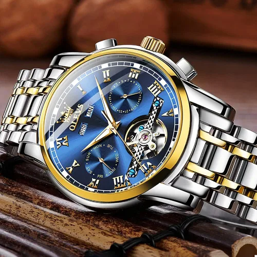 Vista 9 de OLEVS Relojes automáticos de cuerda automática para hombre, fecha y día, calendario, relojes de acero inoxidable, movimiento esquelético