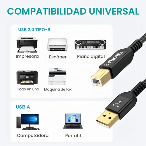 Vista 3 de Cable de impresora USB 2.0 de 10 pies, cable de escáner USB tipo A macho a B macho de alta velocidad para HP, Canon, Dell, Epson, Lexmark, interfaz