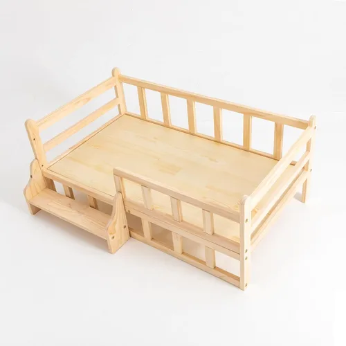 Vista 6 de Cama elevada de madera para mascotas con rieles, marco de cama de madera maciza para gatos, uso en interiores, grande, 37.8 x 22.1 pulgadas