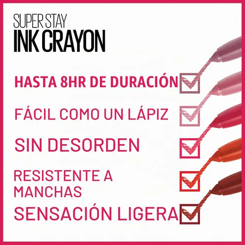 Vista 6 de Maquillaje de lápiz labial Maybelline Super Stay Ink Crayon, lápiz labial mate con punta de precisión con sacapuntas integrado, larga duración de 10