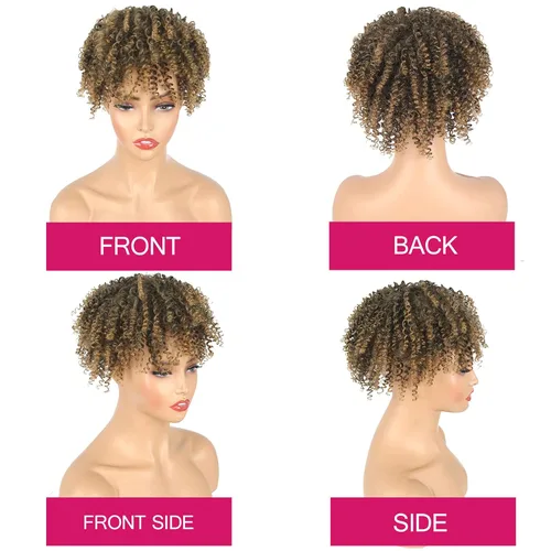 Vista 5 de Matthia Pelucas de cabello rizado marrón con flequillo para cabello fino, sintético corto afro rizado rizado con clip para mujeres negras (1B/27#)