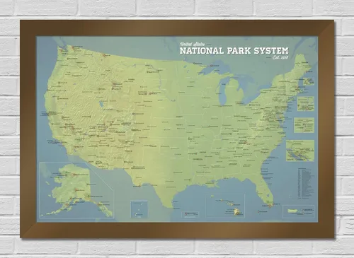Vista 10 de Póster de unidades del sistema de parques nacionales de EE. UU., mapa de 24 x 36 pulgadas (beige y azul claro)
