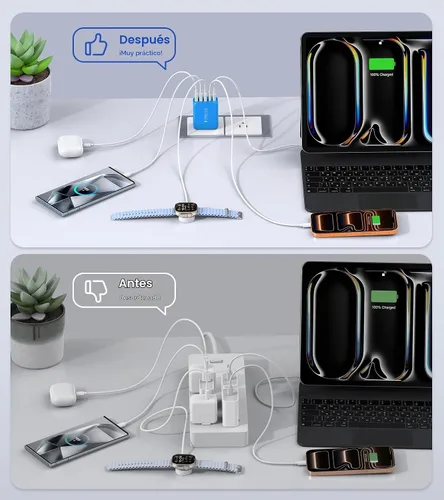 Vista 6 de Paquete de 2 Bloques Cargadores de Pared USB C, 60W Bloque de Carga Rápida C de 5 Puertos Adaptador de Corriente PD + QC 3.0 Cargador Cubo