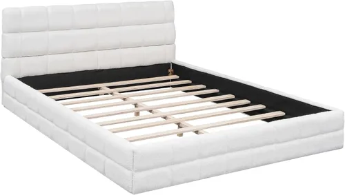Vista 7 de Moderna cama tapizada de tamaño Queen, forro polar bereber grueso, base de colchón tapizada con cabecera copetuda y soporte de listones de madera