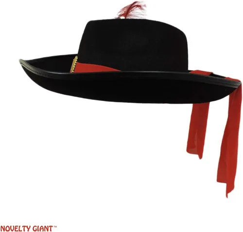 Vista 4 de Sombrero negro de tres mosqueteros con banda roja y pluma
