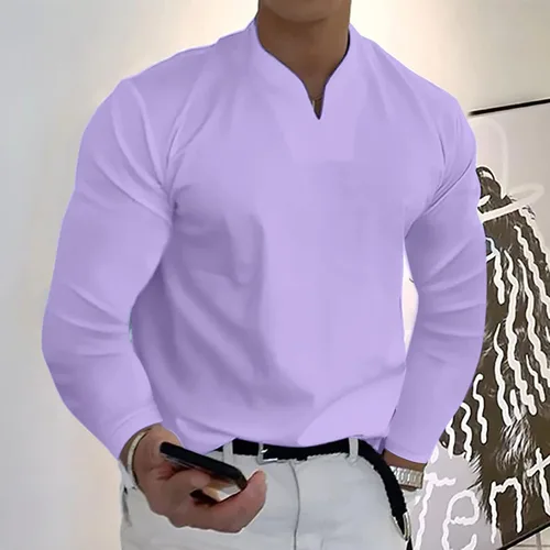 Vista 2 de Mens Shirt V Neck Long Sleeve Casual Slim Fit Shirts Fashion Performance