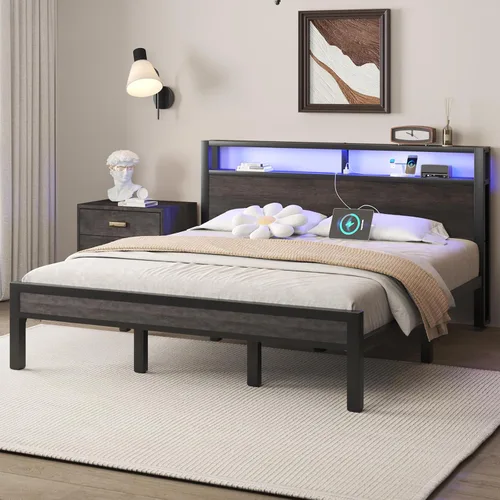 Vista 32 de LOEWAY Base de cama tamaño Queen con cabecero de almacenamiento y luces LED, color gris