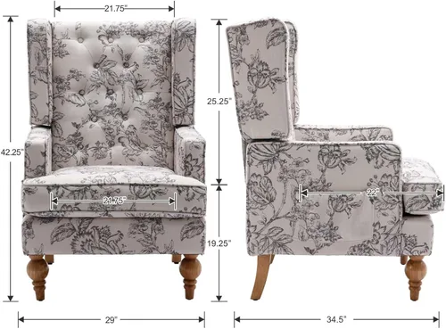 Vista 2 de DUOMAY Silla decorativa copetuda, moderna silla tapizada de lino con respaldo lateral para sala de estar, dormitorio con patas de madera, cómoda