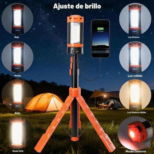 Vista 5 de Luces de campamento, linterna LED recargable portátil con 5 modos de iluminación, luz telescópica con luz de trabajo trípode, linterna desmontable