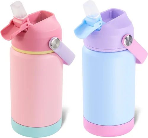 Vista 22 de Kerilyn - Botella de agua para niños, de acero inoxidable, con pajilla a prueba de fugas, con aislamiento térmico, libre de bisfenol A, unisex