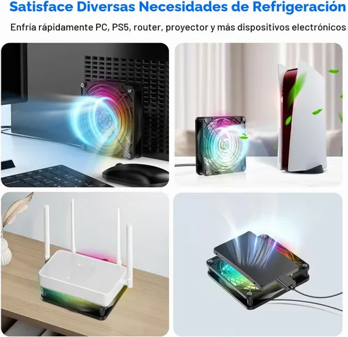 Vista 6 de ELUTENG Ventilador de refrigeración USB para computadora con iluminación RGB de 7 colores, controlador de 3 velocidades 1100/1300/1500 RPM