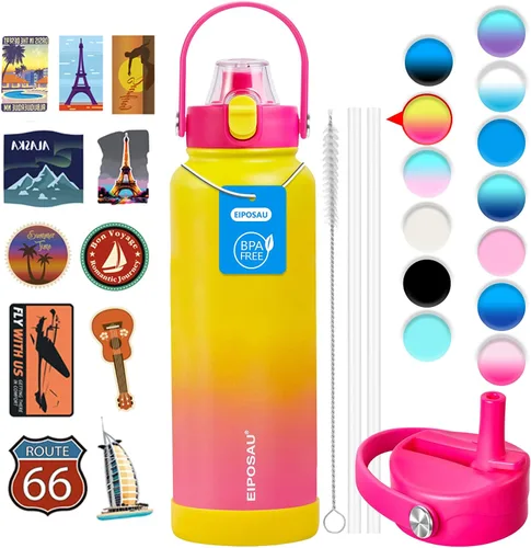 Vista 41 de Botella de agua aislada con tapa, bota y calcomanías, botella de acero inoxidable de 24 onzas, sin sudor, mantiene el frío las 24 horas, botella