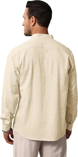 Vista 2 de Camisas de Algodón y Lino para Hombres Ligeras Casuales de Manga Larga Henley Playa Hawaianas Tops