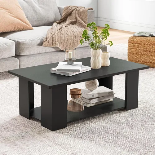 Vista 8 de Giantex Mesa central rectangular de madera, mesa de té moderna grande de 41 pulgadas y 2 niveles con compartimento abierto, fácil montaje, mesa