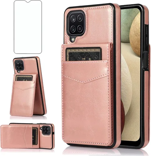 Vista 8 de Asuwish Funda de teléfono para Samsung Galaxy A12 con protector de pantalla de vidrio templado, soporte para tarjetas de crédito, soporte de piel