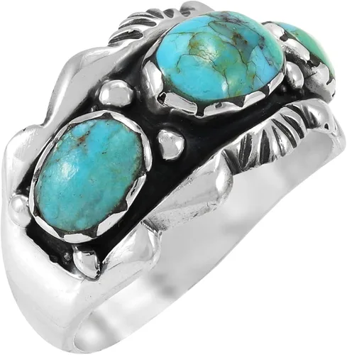 Vista 3 de Anillo turquesa de plata de ley 925 con piedras preciosas auténticas, tamaño 6 a 11