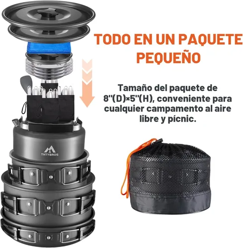 Vista 4 de THTYBROS 27pcs Camping Cooking Set for 2-4 People, Portable Cookware Set with Kettle, Pots & Pans, Stainless Steel Utensils, Plates, Dishware for