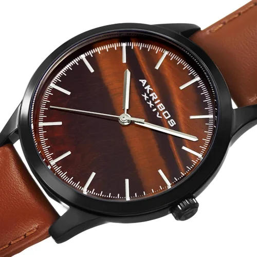 Vista 2 de Akribos XXIV AK937 - Reloj de pulsera para hombre, esfera brillante con marcadores aplicados a mano, acabado de guante suave, correa de cuero genuino