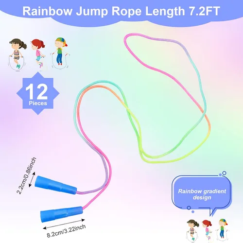 Vista 2 de Cuerda de saltar para niños, juego de 12 cuerdas de saltar arcoíris, cuerda de saltar ajustable de 7.2 pies, cuerdas de saltar duraderas con asas