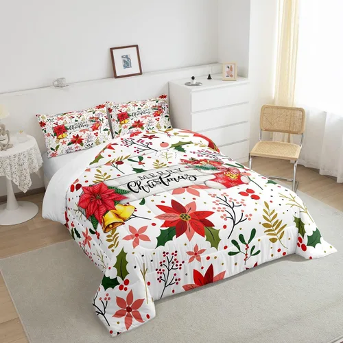Vista 2 de Juego de edredón de Feliz Navidad, tamaño individual, juego de ropa de cama de flores rojas de Navidad, bayas y hojas, para niños y hombres, juego