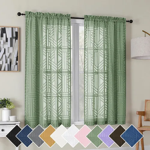 Vista 79 de Simplebrand Cortinas traslúcidas negras de cocina de 24 pulgadas de largo, 2 paneles, filtrado de luz, geométrico jacquard con textura, cortinas