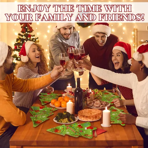 Vista 4 de 100 platos de papel de postre de Navidad de 11 x 7.9 pulgadas, platos de postre desechables en forma de árbol de Navidad, plato de cena de papel