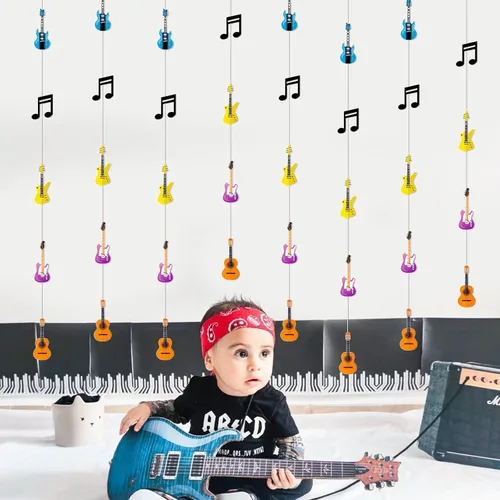 Vista 3 de 8 piezas de decoración de serpentinas con temática musical, notas musicales de rock and roll, guirnalda de guitarra, pancartas para colgar