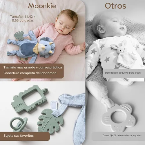 Vista 6 de Moonkie Baby Lovey con mordedor de silicona, manta de seguridad de dinosaurio con cintas texturizadas, juguetes arrugados, terciopelo Minky suave