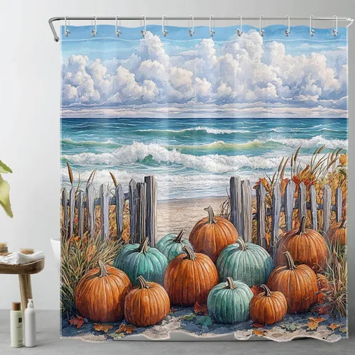 Vista 21 de LB Cortina de ducha espeluznante de Halloween, lindo fantasma en flores, árbol negro, luna llena, cortinas de ducha para baño, tela de poliéster