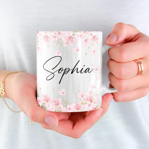 Vista 4 de Taza de café personalizada con nombre de flor de cerezo, taza de café blanca de flor de cerezo, taza de viaje de flor de cerezo, regalo