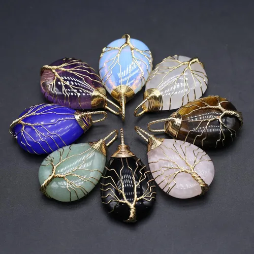 Vista 5 de 4 colgantes de piedra natural con forma de gota de agua al azar, cristal curativo, ágata de árbol de la vida, dijes para hacer joyas, collares