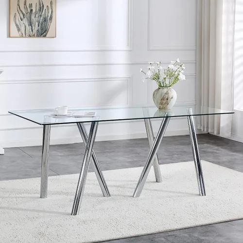 Vista 13 de Mesa de comedor redonda, mesa de cocina de vidrio de 36 pulgadas para 4 personas, mesa de comedor de vidrio templado con patas de metal plateadas