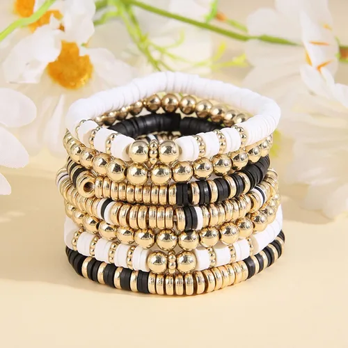 Vista 3 de Pulseras elásticas apilables hechas a mano con cuentas de arcilla Heishi, estilo bohemio, colorido, disco de vinilo, pulsera elástica