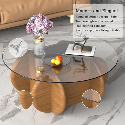Vista 4 de Noguchi - Mesas de centro redondas transparentes de cristal con patas de madera maciza y mesa de vidrio templado para sala de estar, hogar, espacio