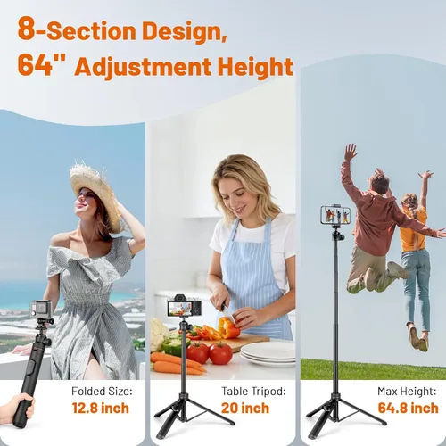 Vista 5 de JOILCAN Trípode para iPhone y Cámara, Trípode selfie stick de 64" con cabezal de bola de 360°, control remoto y soporte para teléfono, Trípode