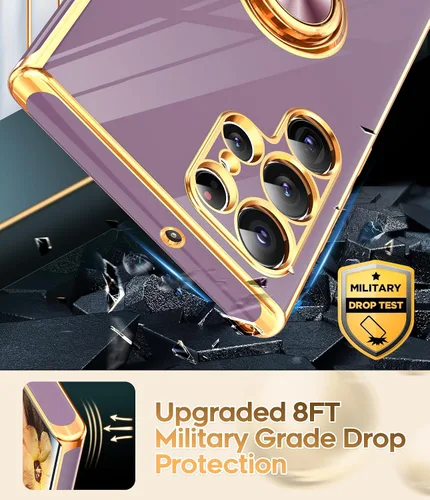 Vista 7 de LeYi Funda para Galaxy S22 Ultra: Soporte de Anillo Giratorio 360°, Soporte Magnético con Patilla, Borde Protector Chapado en Oro Rosa para Funda