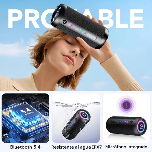 Vista 4 de Altavoz Bluetooth portátil, altavoz Bluetooth 5.4, altavoz dual de 30 W, canal 2.0, graves profundos, tiempo de reproducción de 30 horas, luces RGB