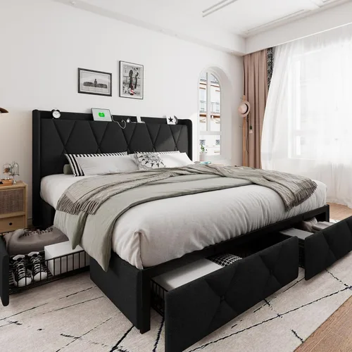 Vista 17 de iPormis - Marco de cama de tamaño matrimonial con 4 cajones de almacenamiento, base de cama tapizada con estación de carga, cabecera de Beige