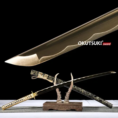 Vista 4 de Espada Katana de hoja nocturna dorada, 41 pulgadas, acero de alto carbono, parte superior afilada, hecha a mano, espada samurái japonesa espiga