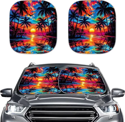 Vista 12 de Parasol para parabrisas de automóvil con estampado de playa tropical, protección universal para proteger el interior del automóvil, bloquea